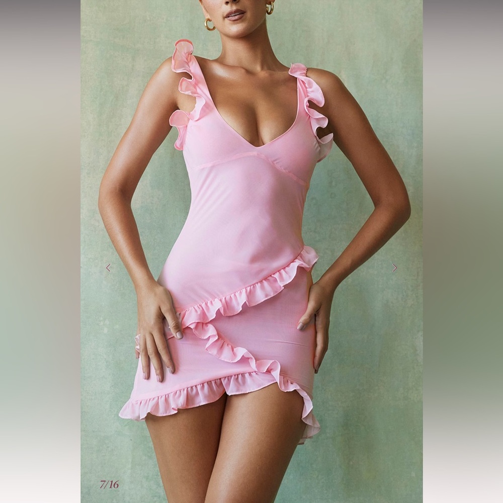 HOUSE OF CB TANIA Pink Quartz Ruffle Mini Dress SMALL